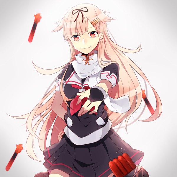 Anime picture 1000x1000 with kantai collection yuudachi destroyer pakkuncho single long hair looking at viewer smile red eyes pink hair light smile remodel (kantai collection) girl skirt