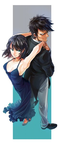 Anime picture 405x909 with one-punch man madhouse fubuki (one-punch man) snake (one-punch man) matatabi nia tall image fringe breasts blue eyes black hair smile bare shoulders cleavage looking back from above black eyes armpit (armpits) looking up formal girl