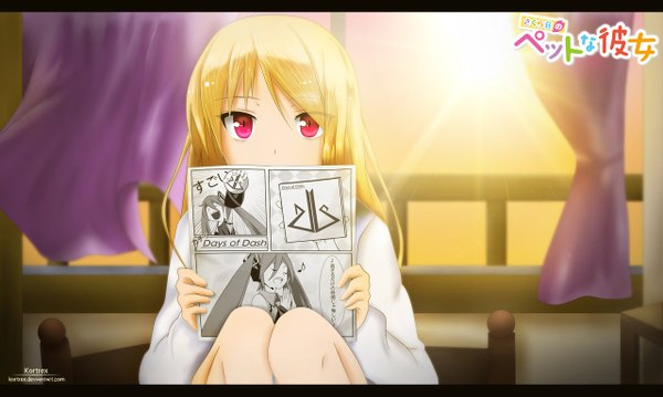 Anime picture 1280x767 with sakura-sou no pet na kanojo vocaloid j.c. staff hatsune miku shiina mashiro kortrex single long hair blonde hair wide image pink eyes sunlight inscription coloring hieroglyph letterboxed girl curtains manga (object)