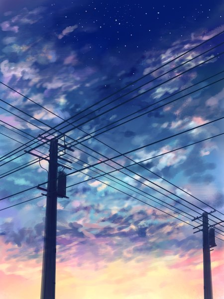 Anime picture 1650x2200 with original koocha hikari tall image cloud (clouds) sunlight night night sky no people sunrise star (stars) wire (wires) power lines