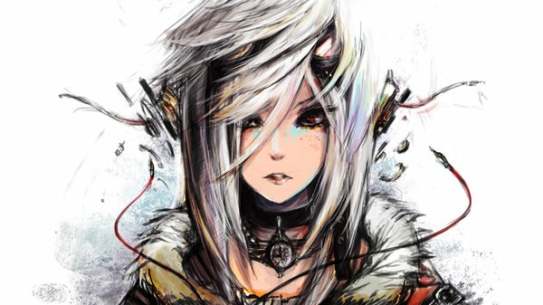 Anime picture 900x506 with original elspade single long hair looking at viewer fringe red eyes wide image parted lips lips grey hair close-up goggles on head freckles girl choker headphones goggles wire (wires)