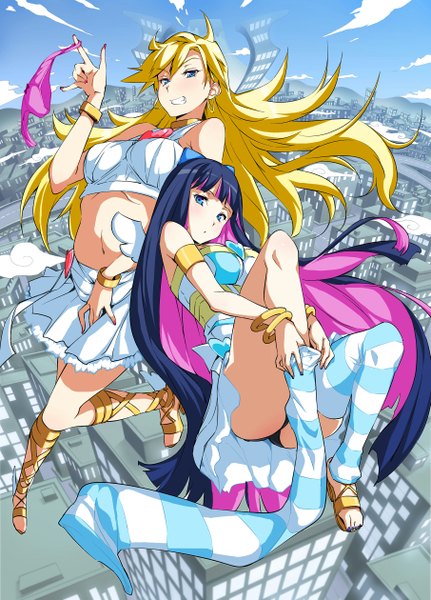 Anime picture 1811x2520 with panty & stocking with garterbelt anarchy stocking anarchy panty tosh long hair tall image looking at viewer blush highres breasts open mouth blue eyes light erotic blonde hair smile bare shoulders multiple girls sky purple hair cloud (clouds)