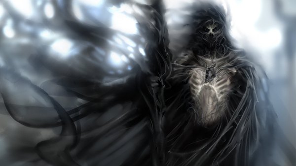 Anime picture 1920x1080 with original death (entity) nebezial single highres wide image black eyes skeleton cropped heart cape