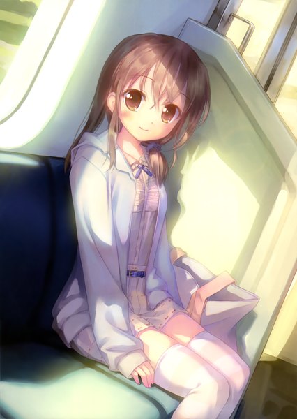 Anime picture 2710x3817 with original takoyaki (roast) single long hair tall image looking at viewer blush highres brown hair sitting brown eyes girl thighhighs dress white thighhighs