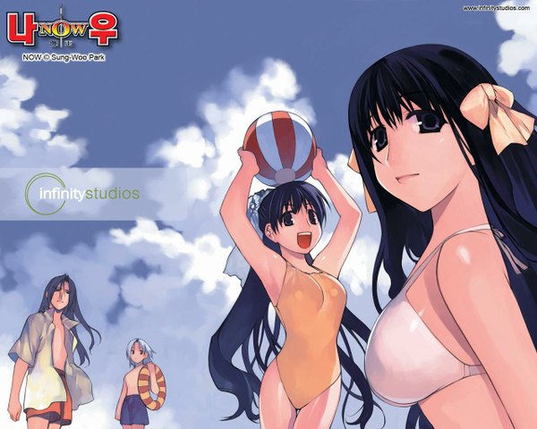 Anime picture 1280x1024 with now park sung woo long hair short hair open mouth black hair multiple girls blue hair sky cloud (clouds) ponytail wind black eyes inscription open clothes multiple boys open shirt group girl boy