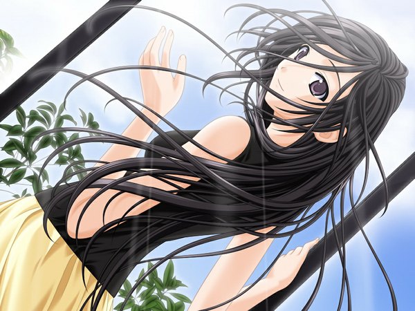 Anime picture 1024x768 with imouto kansatsu nikki 2 (game) tagme (character) single long hair fringe black hair hair between eyes standing purple eyes bare shoulders payot looking away game cg sky cloud (clouds) outdoors pleated skirt looking back light smile wind