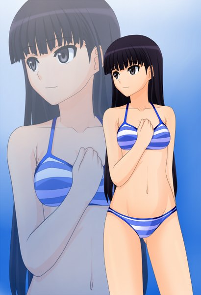Anime picture 1025x1500 with amagami ayatsuji tsukasa kenken long hair tall image black hair black eyes zoom layer girl navel swimsuit bikini striped bikini