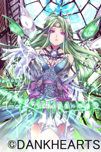 Anime picture 800x1200 with original kyougoku touya single long hair tall image looking at viewer purple eyes bare shoulders green hair pointy ears magic lightning girl dress gloves hair ornament elbow gloves