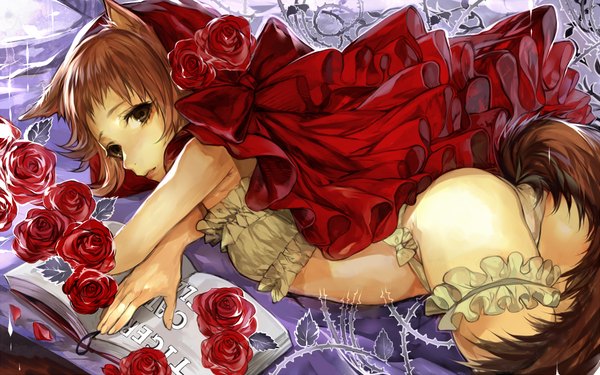 Anime picture 1000x625 with little red riding hood little red riding hood (character) tcb (pixiv) single looking at viewer fringe short hair light erotic brown eyes animal ears ass tail lying animal tail inscription rain wolf ears wolf tail girl underwear