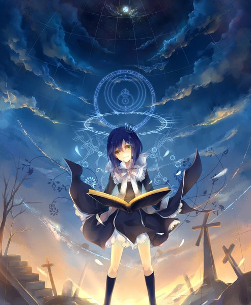 Anime picture 1767x2150 with original dhiea tall image highres yellow eyes blue hair sky cloud (clouds) magic landscape lolita fashion girl dress book (books) moon star (stars) cross crown magic circle grave
