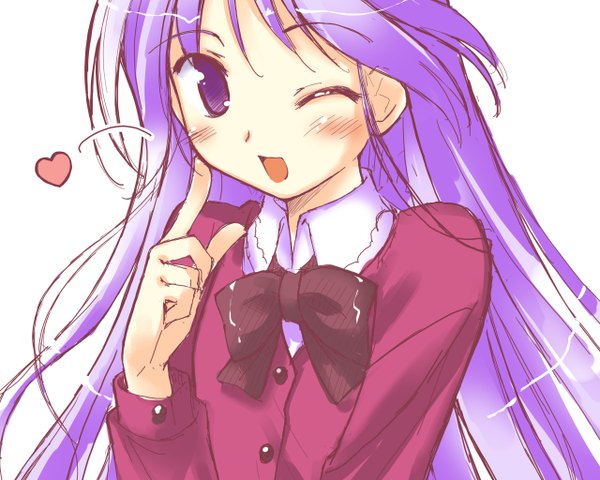 Anime picture 2560x2048 with happiness watarase jun single long hair blush highres open mouth simple background purple eyes purple hair one eye closed wink otoko no ko boy heart bowtie