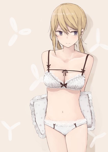 Anime picture 2508x3541 with original rutchifu single long hair tall image blush fringe highres blue eyes light erotic blonde hair standing twintails looking away black eyes bare belly shadow embarrassed underwear only hands behind back