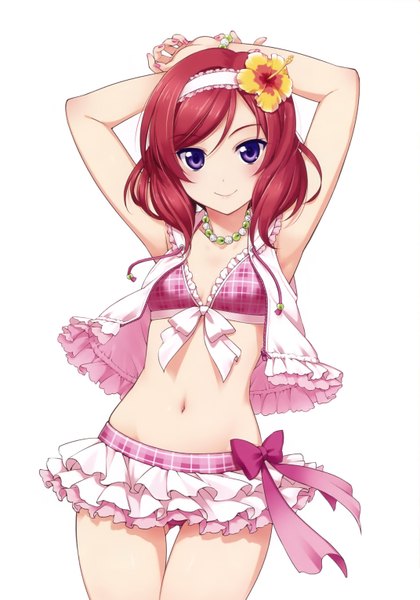 Anime picture 2144x3063 with love live! school idol project sunrise (studio) love live! nishikino maki inou shin single tall image looking at viewer blush highres short hair light erotic simple background smile white background purple eyes pink hair hair flower scan girl