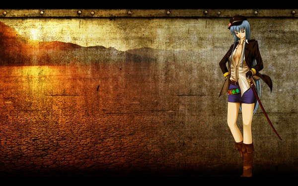 Anime picture 1440x900 with touhou hinanawi tenshi growingnoob single long hair red eyes wide image blue hair girl skirt weapon miniskirt shirt sword boots katana peaked cap hisou no tsurugi