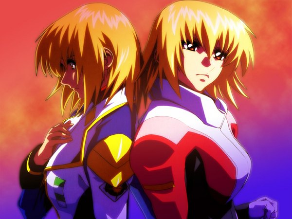 Anime picture 1024x768 with mobile suit gundam gundam seed destiny gundam seed sunrise (studio) cagalli yula athha short hair blonde hair multiple girls yellow eyes back to back dual persona girl uniform 2 girls pilot suit