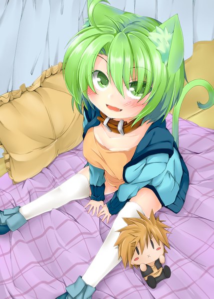 Anime picture 2591x3624 with original dodome-iro mayonnaise single tall image blush highres short hair green eyes animal ears green hair cat ears cat girl cat tail l l girl thighhighs white thighhighs collar