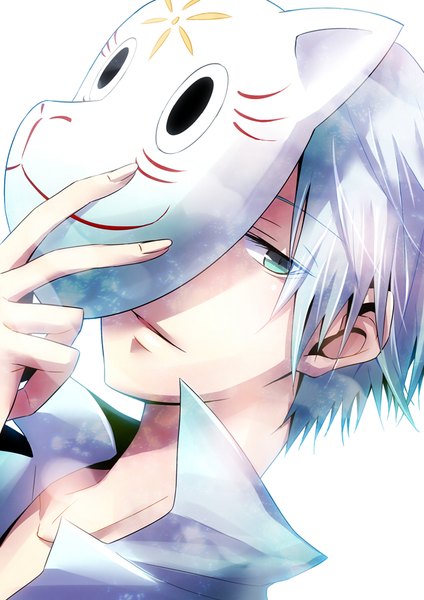 Anime picture 620x877 with hotarubi no mori e gin (hotarubi no mori e) kae (rorock) single tall image looking at viewer short hair simple background white background holding payot silver hair parted lips aqua eyes light smile shadow open collar boy shirt white shirt