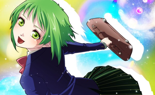 Anime picture 1600x988 with vocaloid gumi e-megu (artist) short hair open mouth wide image green eyes green hair girl serafuku school bag