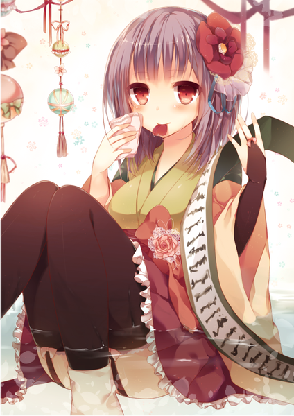 Anime picture 752x1063 with touhou hieda no akyuu komeshiro kasu single tall image blush short hair light erotic red eyes white background holding purple hair traditional clothes japanese clothes hair flower mouth hold girl thighhighs hair ornament flower (flowers)