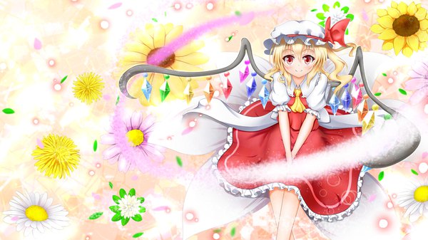 Anime picture 1920x1080 with touhou flandre scarlet ymd (holudoun) single looking at viewer blush fringe highres short hair blonde hair hair between eyes red eyes wide image sitting light smile from above puffy sleeves crossed legs lens flare side ponytail