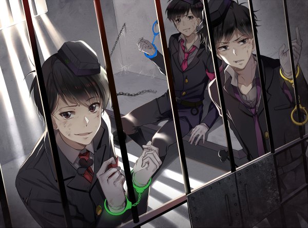 Anime picture 1200x889 with osomatsu-san matsuno osomatsu matsuno ichimatsu matsuno todomatsu ekita xuan looking at viewer short hair open mouth black hair sitting from above black eyes multiple boys open collar siblings injury brothers boy gloves uniform