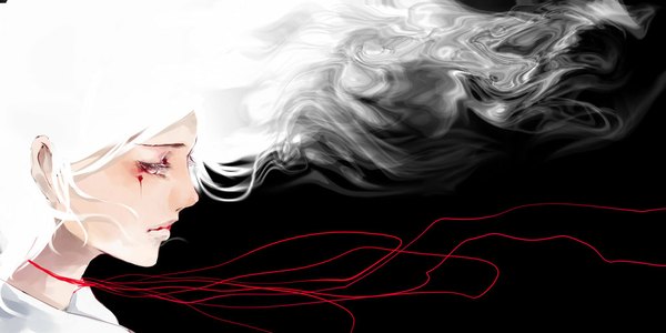 Anime picture 1024x512 with aiki-ame single long hair simple background wide image white hair profile pink eyes black background girl blood thread red thread