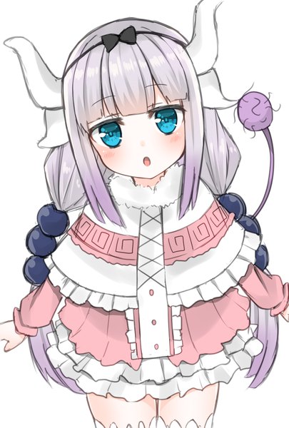 Anime picture 1378x2039 with kobayashi-san chi no maidragon kyoto animation kanna kamui hashiko no woto single long hair tall image looking at viewer blush fringe open mouth simple background white background twintails payot silver hair tail blunt bangs head tilt horn (horns)
