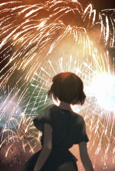 Anime picture 740x1100 with original ajimita single tall image short hair brown hair from behind from below short sleeves fireworks girl dress black dress