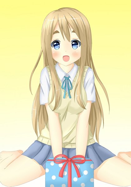 Anime picture 560x800 with k-on! kyoto animation kotobuki tsumugi tear yu single long hair tall image blush fringe open mouth blue eyes blonde hair simple background smile sitting wariza yellow background girl skirt uniform