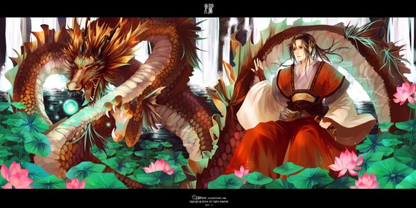 Anime picture 1500x754 with axis powers hetalia studio deen china (hetalia) shirou single long hair open mouth brown hair wide image signed long sleeves traditional clothes chinese clothes waterfall boy plant (plants) water dragon water lily scroll