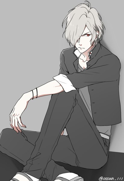 Anime picture 722x1050 with diabolik lovers idea factory sakamaki subaru kuwa ayase single tall image fringe short hair simple background red eyes sitting signed looking away silver hair hair over one eye grey background boy uniform school uniform