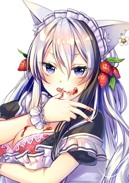 Anime picture 900x1271 with original shirako sei single long hair tall image looking at viewer fringe blue eyes light erotic black hair simple background hair between eyes white background animal ears upper body white hair multicolored hair cat ears two-tone hair maid