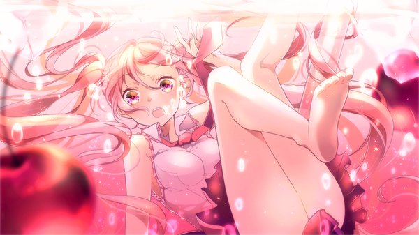Anime picture 1366x768 with vocaloid hatsune miku sakura miku asagao minoru single looking at viewer blush fringe breasts open mouth light erotic hair between eyes wide image twintails bare shoulders pink hair bent knee (knees) very long hair head tilt pleated skirt