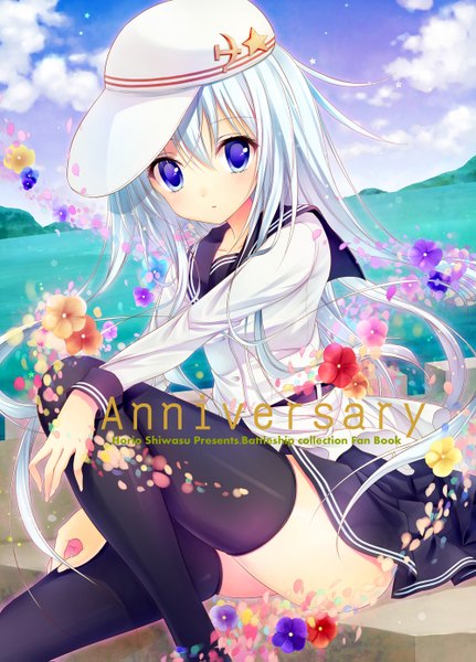Anime picture 1000x1391 with kantai collection hibiki destroyer verniy destroyer shiwasu horio single long hair tall image looking at viewer blue eyes sky white hair hammer and sickle girl thighhighs skirt flower (flowers) black thighhighs star (symbol) sailor suit flat cap