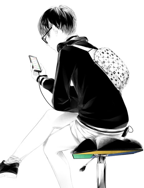 Anime picture 1200x1558 with original sousou (sousouworks) single tall image short hair simple background white background sitting long sleeves from behind crossed legs monochrome casual girl glasses shoes shorts headphones short shorts chair