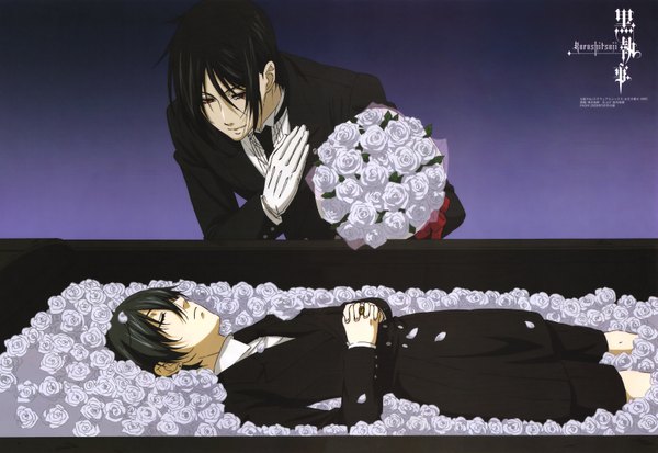 Anime picture 3373x2326 with kuroshitsuji a-1 pictures sebastian michaelis ciel phantomhive highres short hair black hair red eyes absurdres eyes closed multiple boys boy gloves necktie rose (roses) 2 boys ring suit bouquet coffin