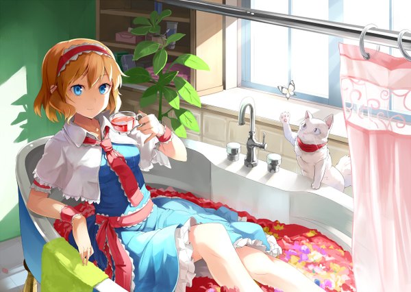 Anime picture 1291x918 with touhou alice margatroid emerane single looking at viewer short hair blue eyes smile sitting orange hair girl dress plant (plants) animal frills insect butterfly curtains cat towel