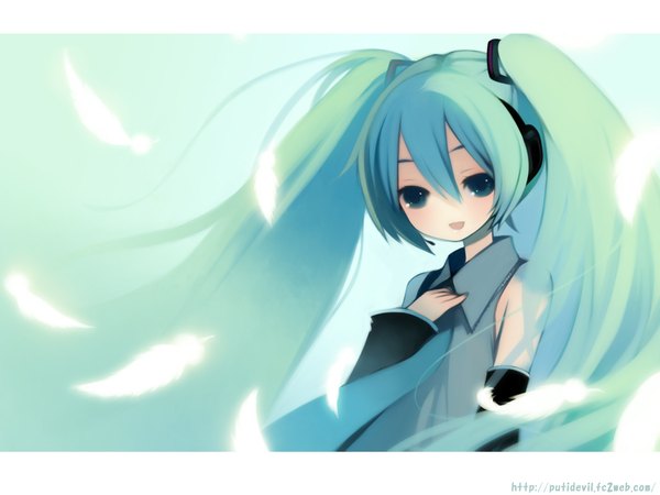Anime picture 1024x768 with vocaloid hatsune miku puti devil long hair twintails green eyes green hair watermark girl detached sleeves headphones