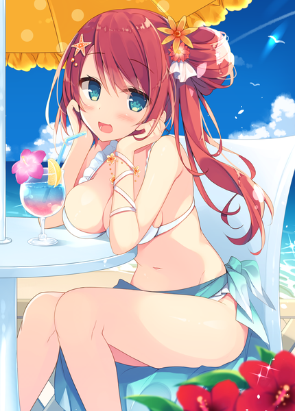 Anime picture 1203x1677 with original miko (royal milk) single long hair tall image looking at viewer blush fringe breasts open mouth light erotic large breasts sitting cloud (clouds) red hair :d hair flower aqua eyes sparkle side ponytail