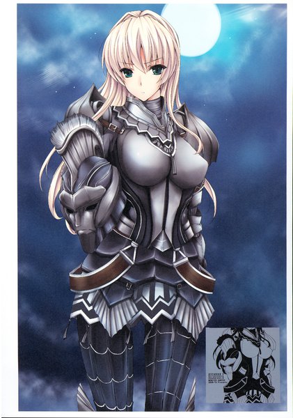 Anime picture 1228x1748 with monster hunter kushala daora kizuki aruchu single long hair tall image looking at viewer fringe breasts blonde hair hair between eyes green eyes cloud (clouds) scan night night sky character names framed knight scan artifacts