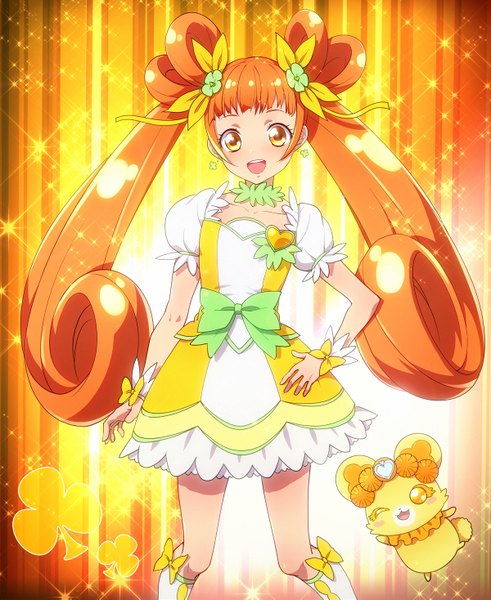 Anime picture 1200x1467 with precure toei animation yotsuba alice cure rosetta yamaki suzume single long hair tall image looking at viewer blush open mouth twintails yellow eyes hair flower orange hair girl dress hair ornament bow