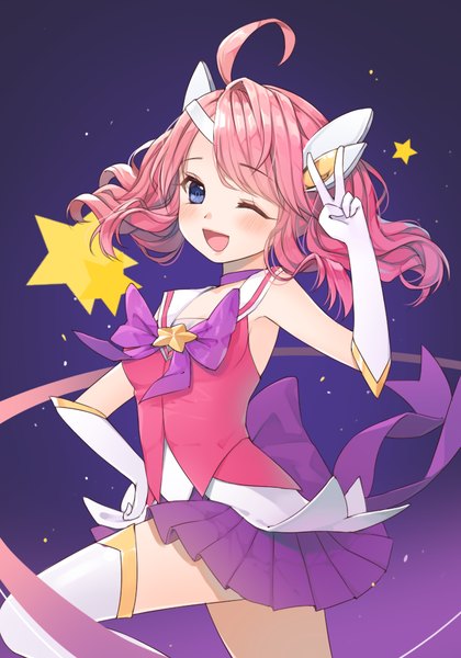 Anime picture 700x1000 with league of legends lux (league of legends) star guardian lux canape single tall image blush fringe short hair breasts open mouth blue eyes smile twintails ahoge pleated skirt one eye closed wink alternate costume zettai ryouiki