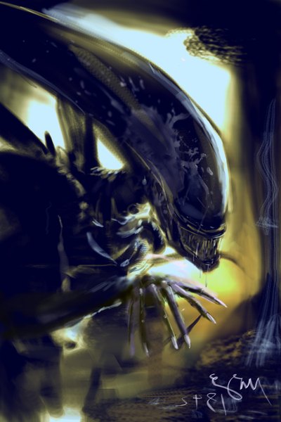 Anime picture 2000x3000 with aliens ninja  burger (artist) single tall image highres grin dark background monster alien