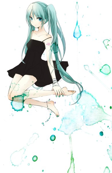 Anime picture 1887x2901 with vocaloid hatsune miku tagme (artist) long hair tall image highres white background twintails nail polish barefoot aqua eyes aqua hair aqua nail polish toenail polish girl dress black dress bandage (bandages)