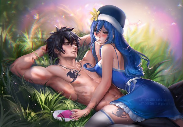 Anime picture 1024x712 with fairy tail gray fullbuster juvia lockser sakimichan long hair blush fringe breasts light erotic hair between eyes blue hair eyes closed head tilt lips realistic armpit (armpits) tattoo sleeping muscle shirtless