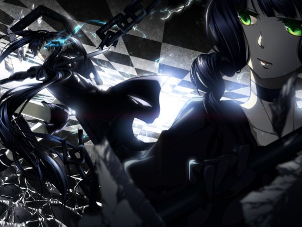 Anime picture 2756x2072 with black rock shooter black rock shooter (character) dead master yukinosetsu (artist) long hair highres open mouth blue eyes black hair twintails multiple girls green eyes girl 2 girls shorts
