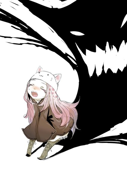 Anime picture 2480x3507 with vocaloid toeto (vocaloid) megurine luka megurine luka (toeto) chalk karasu single long hair tall image highres open mouth simple background white background pink hair eyes closed shadow chibi screaming girl cap monster