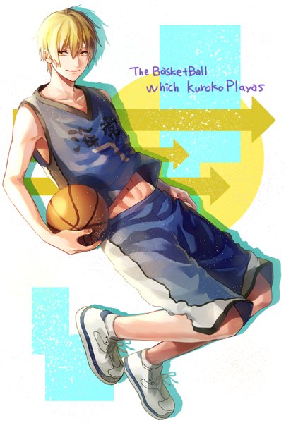 Anime picture 1000x1480 with kuroko no basket production i.g kise ryouta p.rupon single tall image short hair blonde hair smile yellow eyes looking away bare belly weightlessness basketball boy uniform gym uniform ball basketball ball basketball uniform