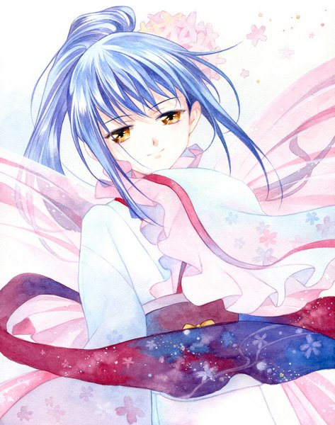 Anime picture 700x888 with shugo chara! fujisaki nadeshiko agahari single long hair tall image looking at viewer smile yellow eyes blue hair ponytail traditional clothes hair flower chinese clothes otoko no ko traditional media watercolor (medium) boy hair ornament flower (flowers)