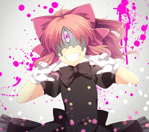 Anime picture 800x708 with kekkai sensen studio bones aligula agekichi (heart shape) single long hair smile pink hair ahoge ponytail pink eyes grey background girl dress gloves bow hair bow white gloves black dress mask